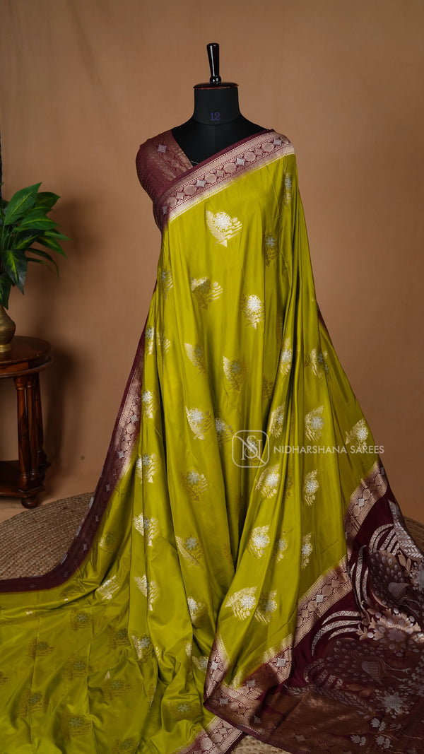 Semi Satin Silk With Zari Weaving And Contrast Border
