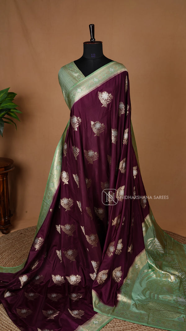 Semi Satin Silk With Zari Weaving And Contrast Border
