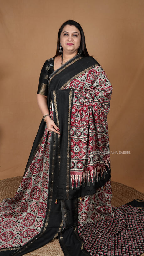Matka Tussar With Mirror Work And Ajark Print Concept