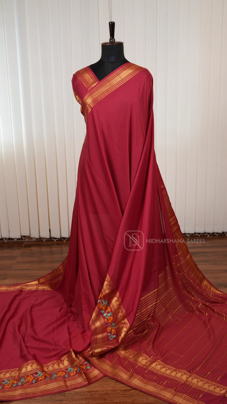 Semi Mysore Crepe Silk Saree With Embroidery And Zari Concept Border