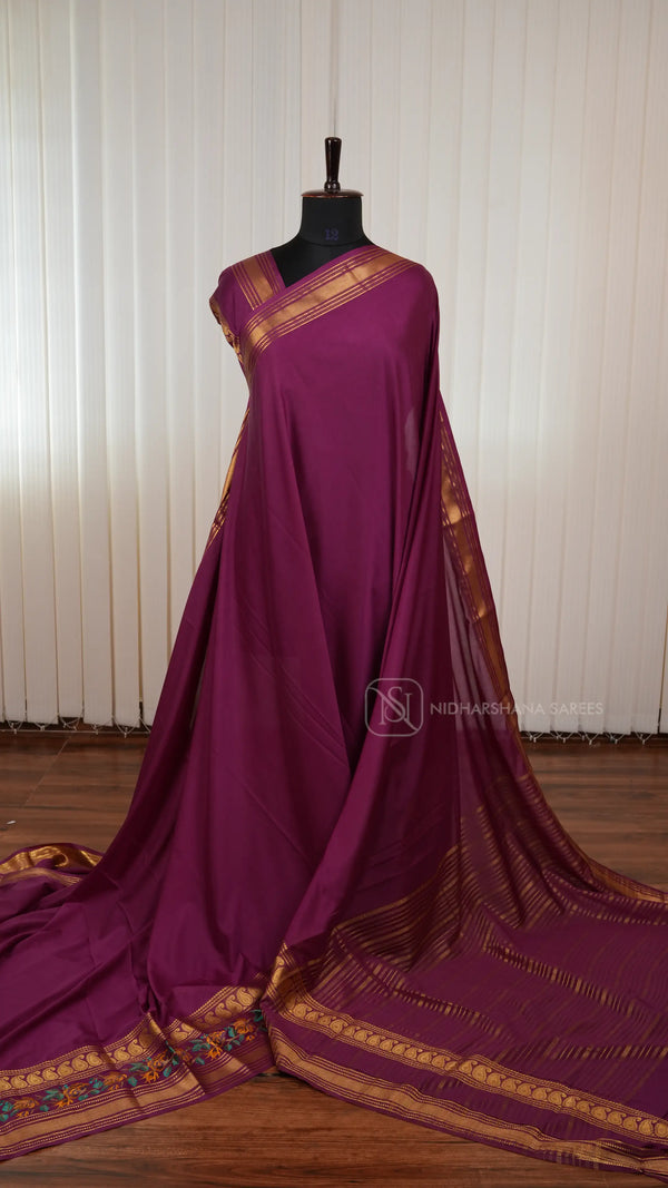 Semi Mysore Crepe Silk Saree With Embroidery And Zari Concept Border