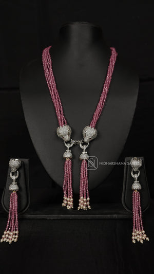Elegant Pink Beaded Necklace Set with Long Tassel Earrings