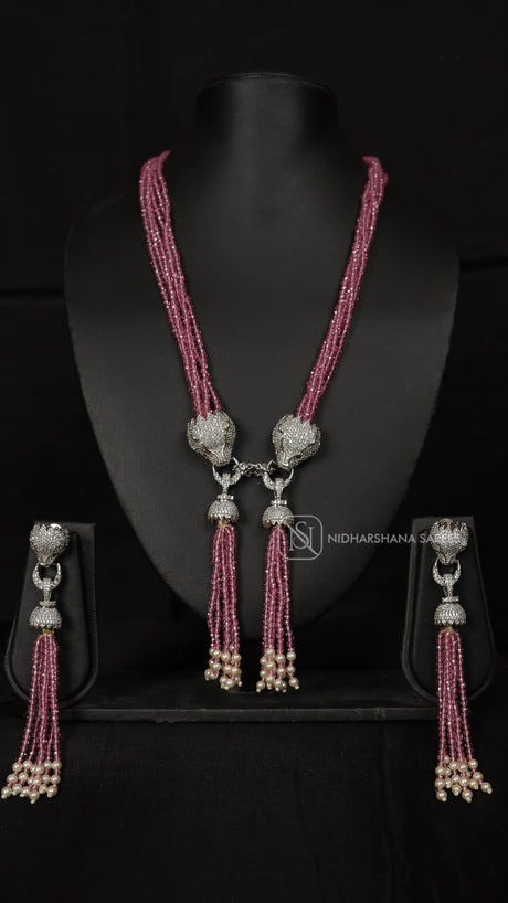 Elegant Pink Beaded Necklace Set with Long Tassel Earrings