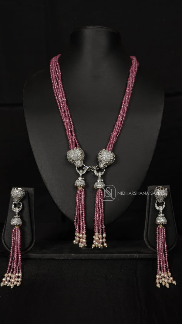 Elegant Pink Beaded Necklace Set with Long Tassel Earrings