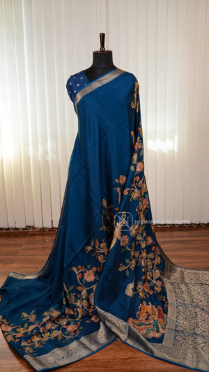 Premium Viscose Crepe Silk Saree With Kalamkari Print And Mirror Work Detailing