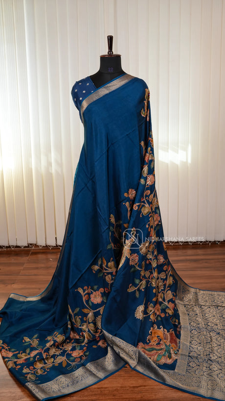 Premium Viscose Crepe Silk Saree With Kalamkari Print And Mirror Work Detailing