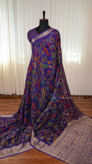 Premium Viscose Crepe Silk Saree With Kalamkari Print And Mirror Work Detailing