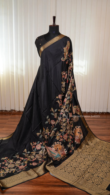 Premium Viscose Crepe Silk Saree With Kalamkari Print And Mirror Work Detailing