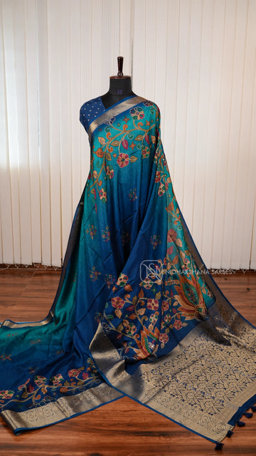 Premium Viscose Crepe Silk Saree With Kalamkari Print And Mirror Work Detailing