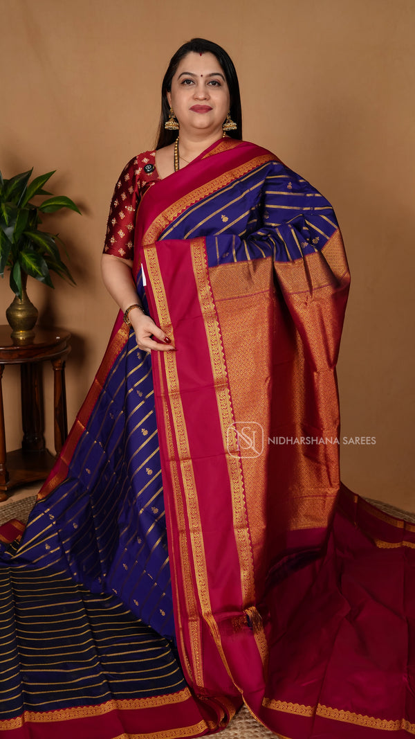 Semi Kanchipuram Silk With Zari Lines And Gap Style Border