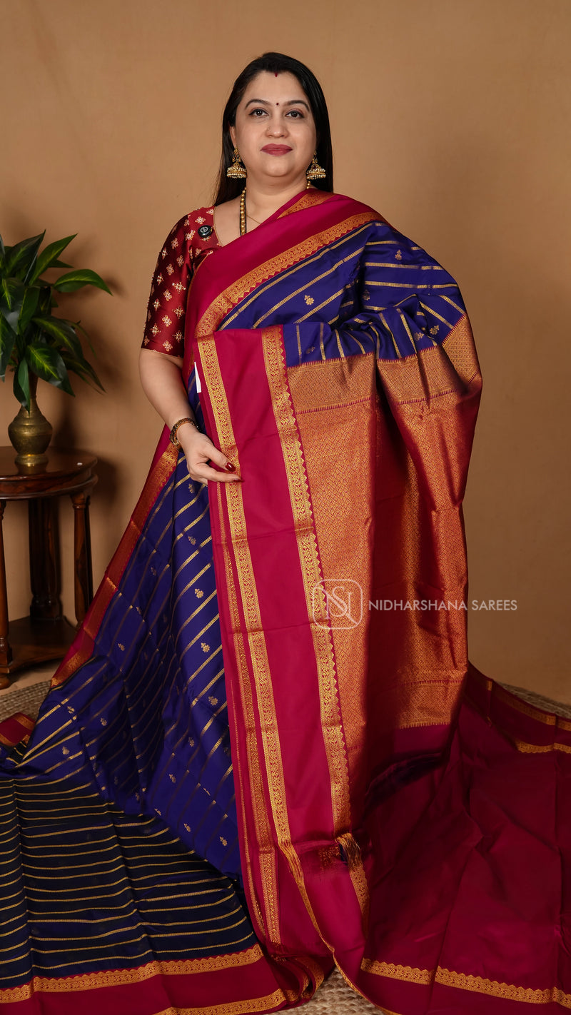Semi Kanchipuram Silk With Zari Lines And Gap Style Border
