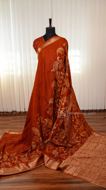 Premium Viscose Crepe Silk Saree With Kalamkari Print And Mirror Work Detailing