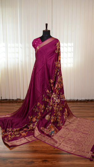 Premium Viscose Crepe Silk Saree With Kalamkari Print And Mirror Work Detailing