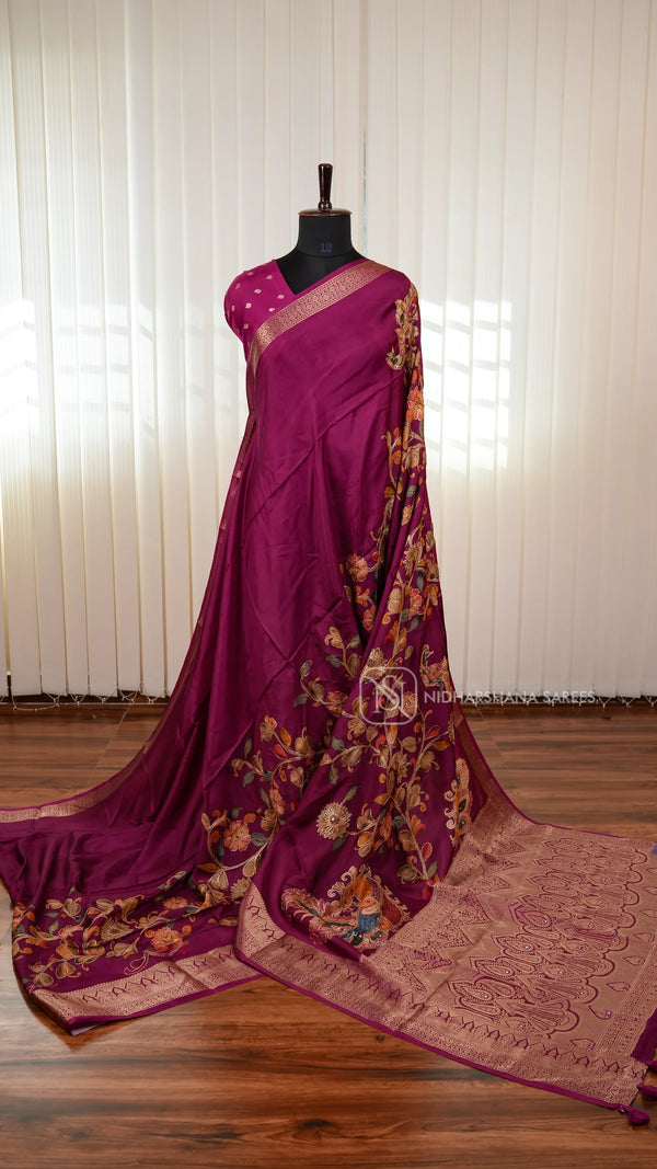 Premium Viscose Crepe Silk Saree With Kalamkari Print And Mirror Work Detailing
