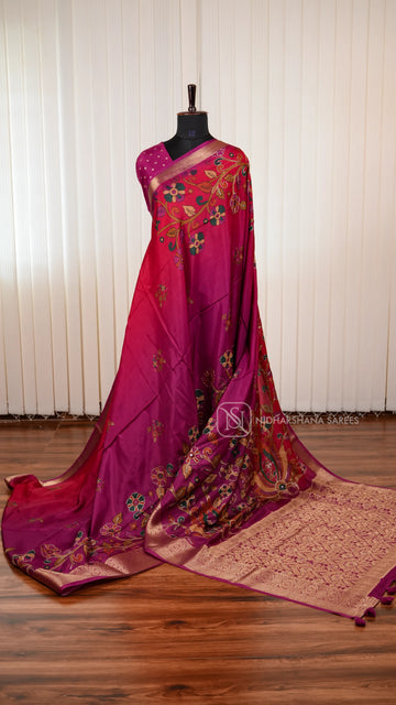 Premium Viscose Crepe Silk Saree With Kalamkari Print And Mirror Work Detailing