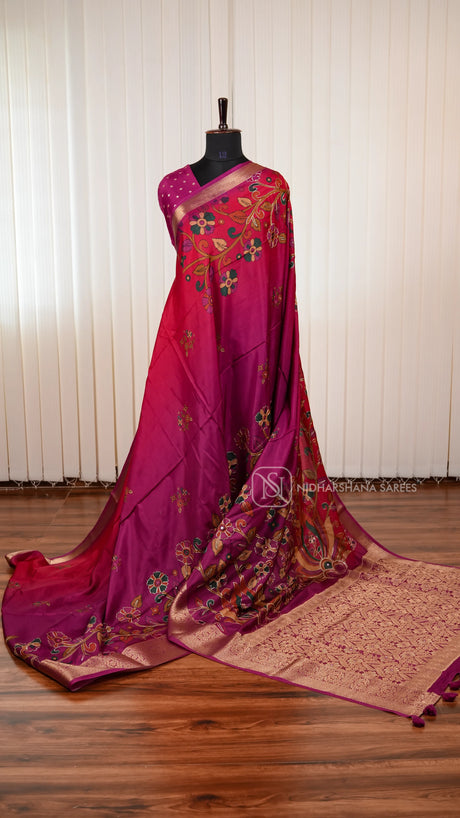 Premium Viscose Crepe Silk Saree With Kalamkari Print And Mirror Work Detailing