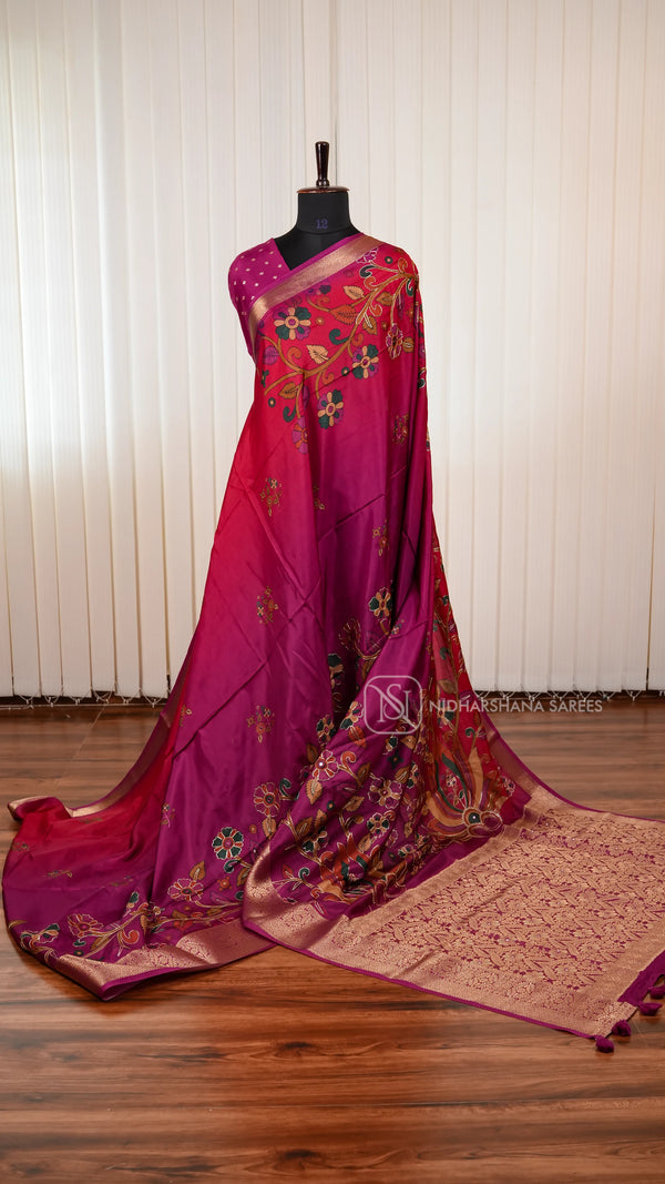Premium Viscose Crepe Silk Saree With Kalamkari Print And Mirror Work Detailing