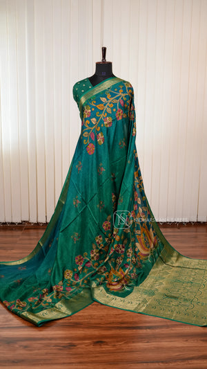 Premium Viscose Crepe Silk Saree With Kalamkari Print And Mirror Work Detailing