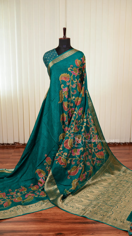 Premium Viscose Crepe Silk Saree With Kalamkari Print And Mirror Work Detailing