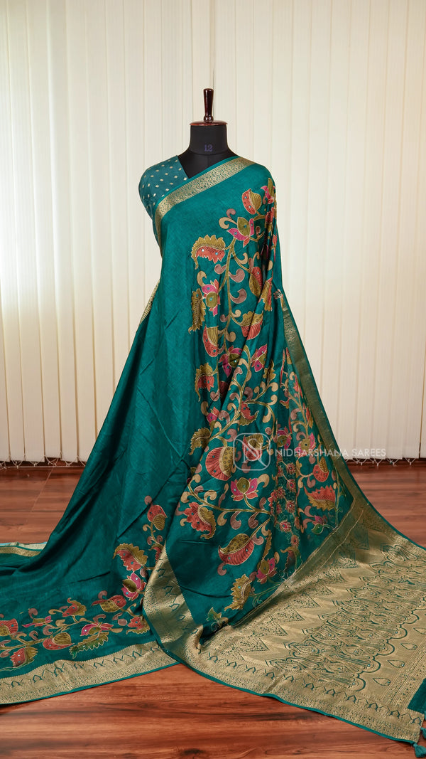 Premium Viscose Crepe Silk Saree With Kalamkari Print And Mirror Work Detailing