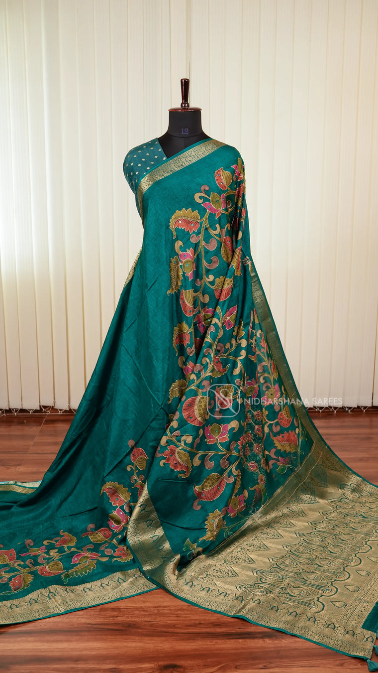 Premium Viscose Crepe Silk Saree With Kalamkari Print And Mirror Work Detailing