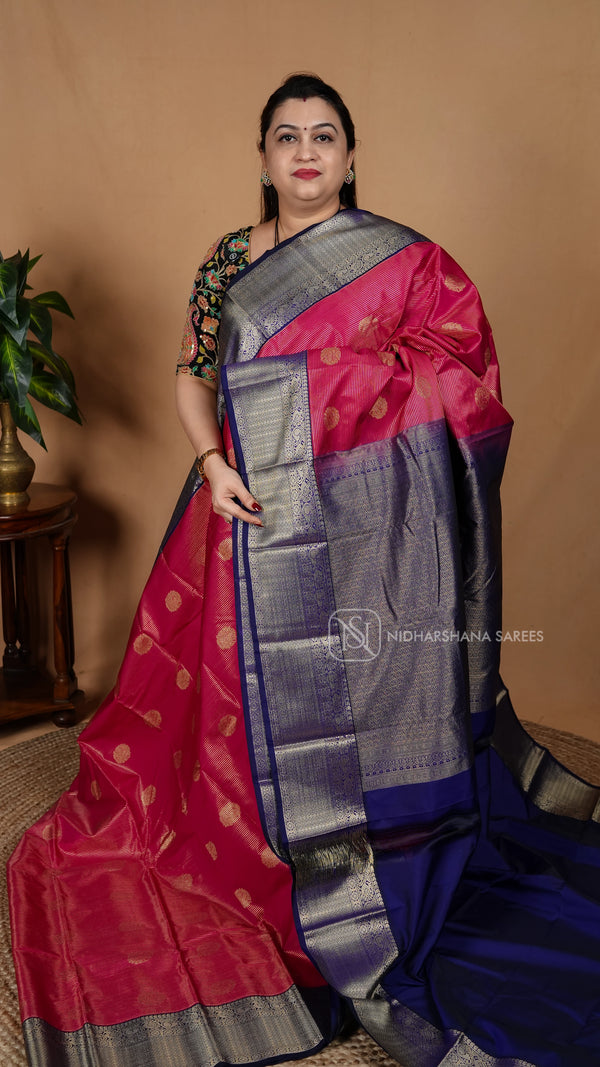 Semi Kanchipuram Silk With Zari Lines And Contrast Border