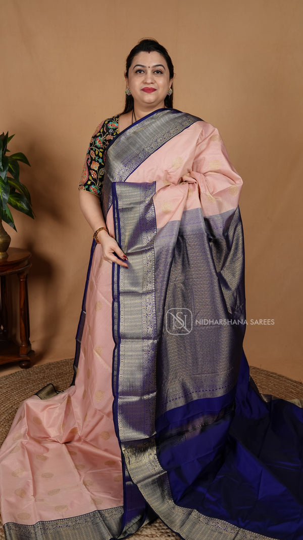 Semi Kanchipuram Silk With Zari Lines And Contrast Border