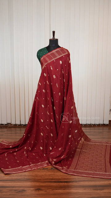 Viscose By Crepe Silk Saree With Peacock Zari Butta And Zari Border