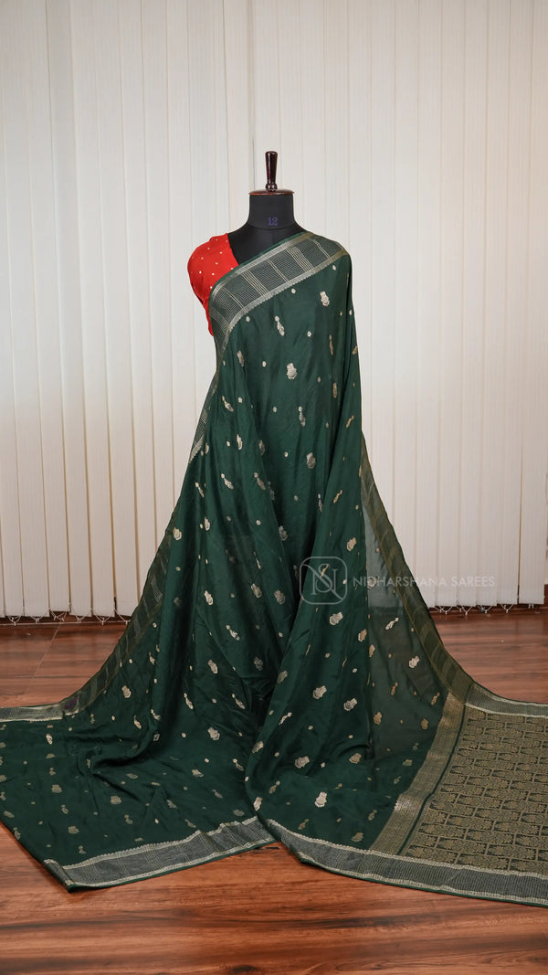 Viscose By Crepe Silk Saree With Peacock Zari Butta And Zari Border