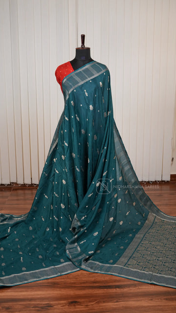 Viscose By Crepe Silk Saree With Peacock Zari Butta And Zari Border