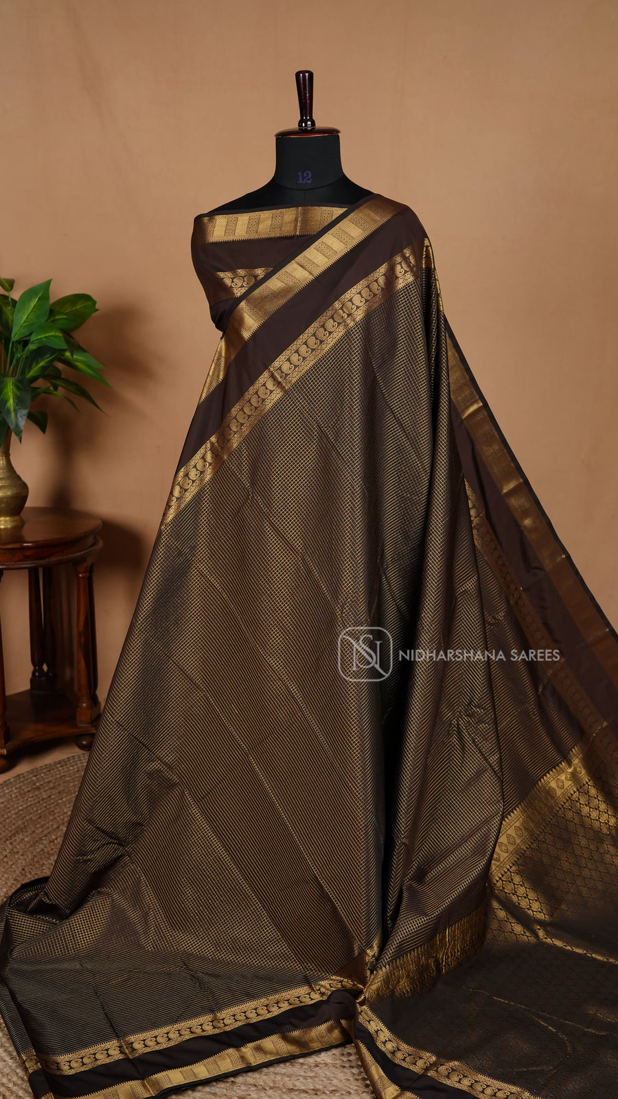 Semi Kanchipuram Silk  With Zari Checks And Gap Style Border