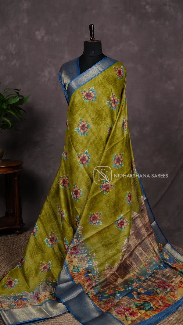 Semi Dola With Zari Lines And Floral Digital Print