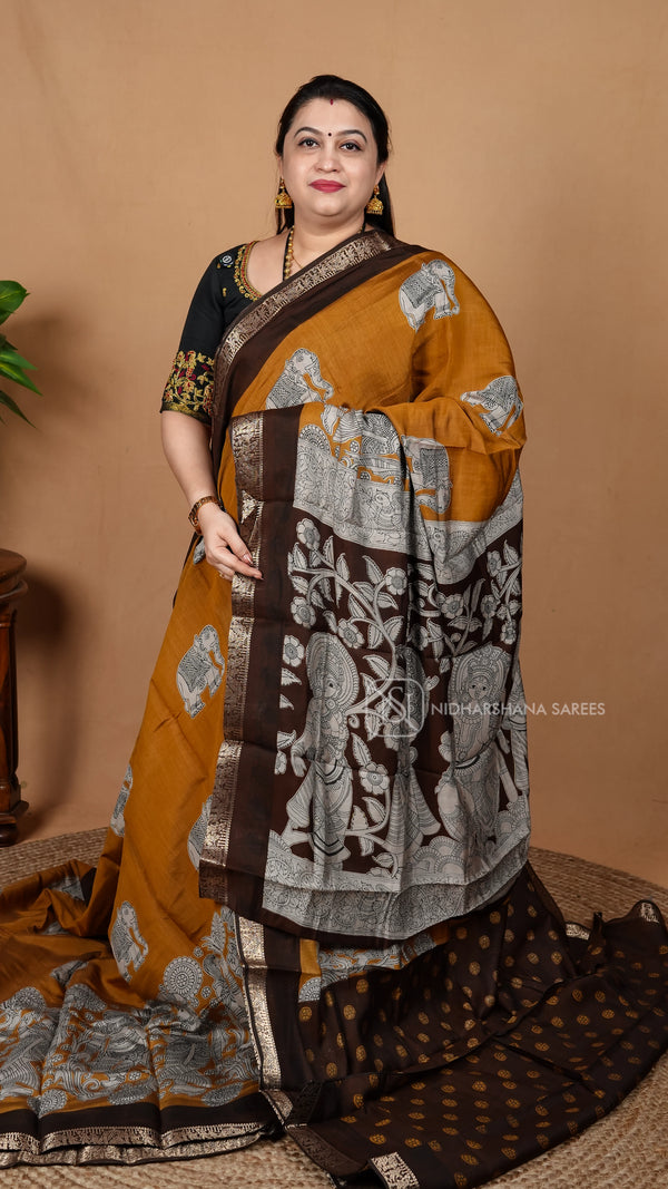 Viscose Cotton With Hathi Digital Print And Contrast Zari Border