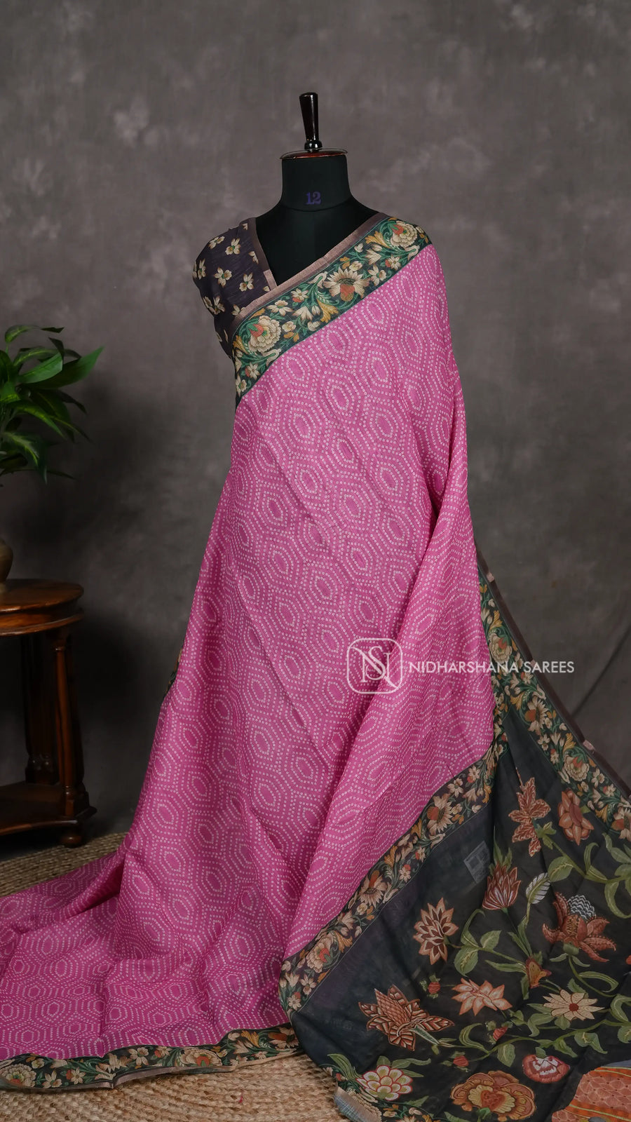 Linen Cotton With Bandhini Print And Floral Digital Border