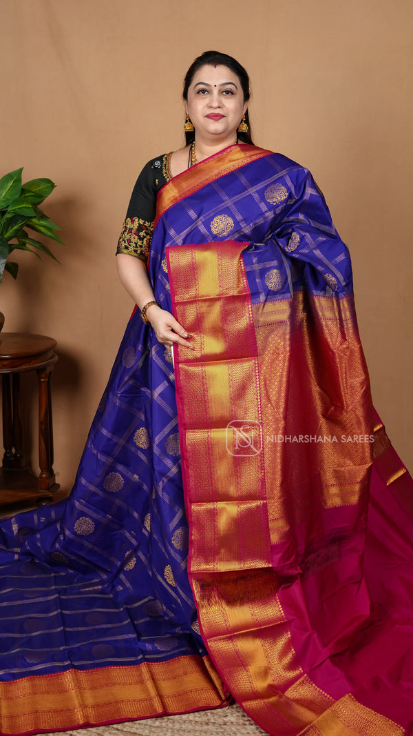Semi Kanchipuram Silk With Big Zari Checks And Big Butta Concept