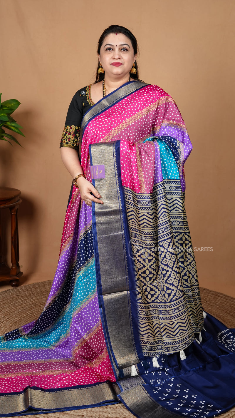 Semi Dola With Bandhini Print And Zari Border
