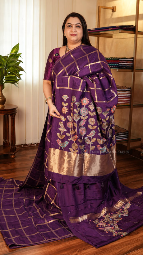 Semi Modal Silk With Big Zari Checks And Embroidery Pallu Concept