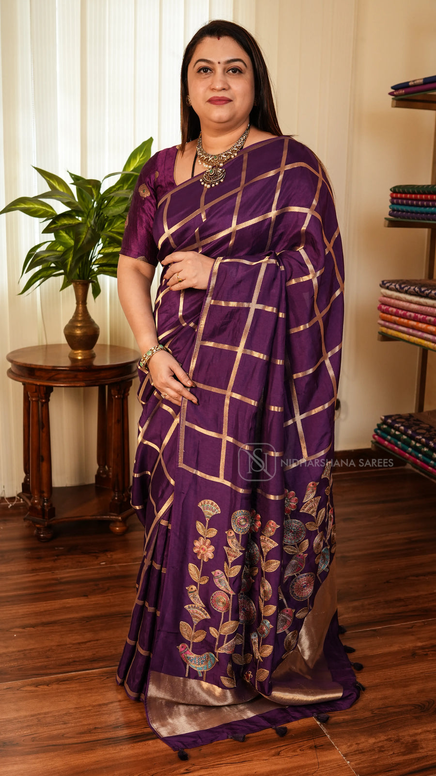 Semi Modal Silk With Big Zari Checks And Embroidery Pallu Concept