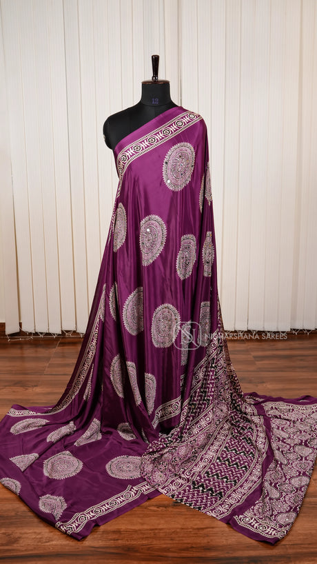 Semi Satin Silk Saree With Intricate Mirror Work