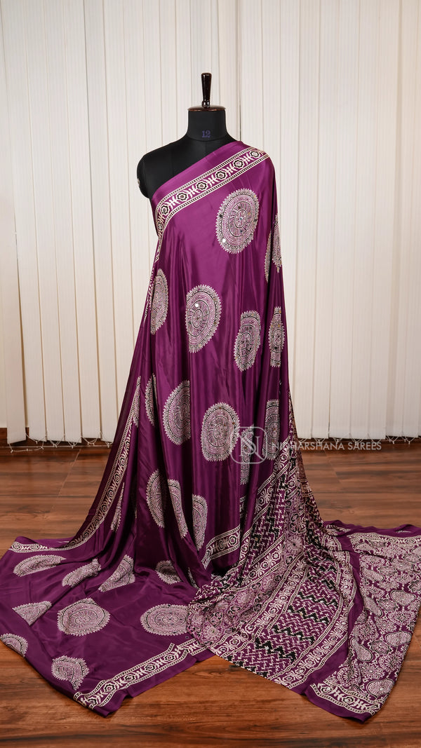 Semi Satin Silk Saree With Intricate Mirror Work