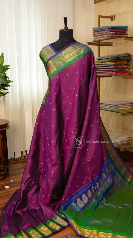 Pure Gadwal Silk With Zari Butta And Contrast Zari Border