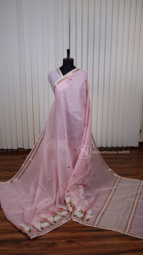 Light Weight Kota Concept Saree With Applique Work And Floral Embroidery Concept