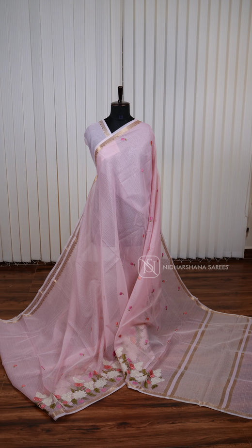 Light Weight Kota Concept Saree With Applique Work And Floral Embroidery Concept
