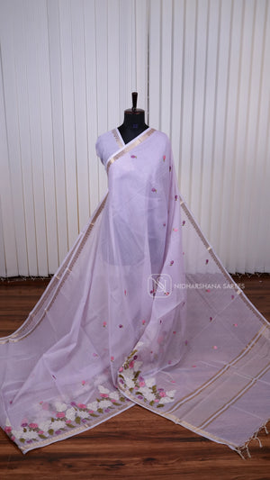Light Weight Kota Concept Saree With Applique Work And Floral Embroidery Concept