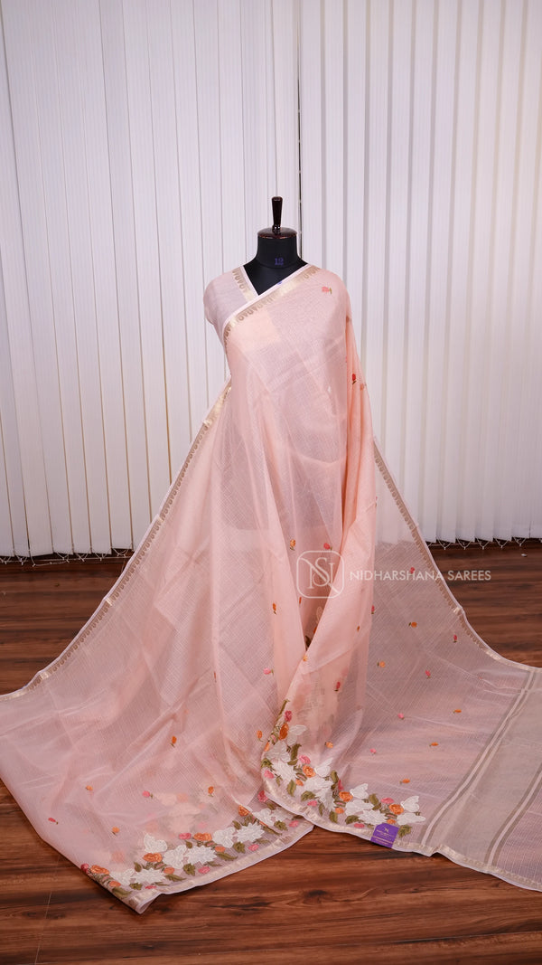Light Weight Kota Concept Saree With Applique Work And Floral Embroidery Concept