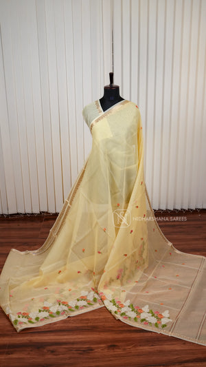 Light Weight Kota Concept Saree With Applique Work And Floral Embroidery Concept