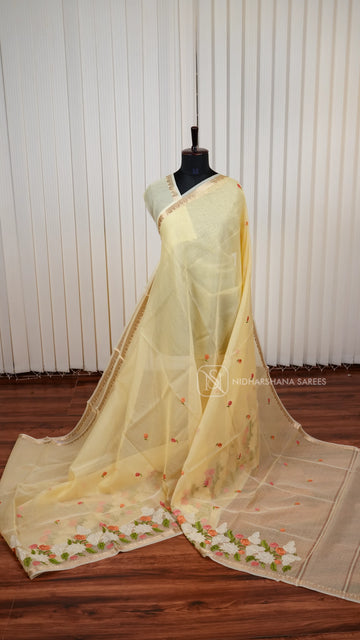 Light Weight Kota Concept Saree With Applique Work And Floral Embroidery Concept