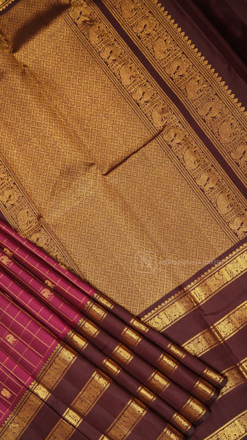 Pure Handloom Kanchipuram Silk Saree with Zari Checks and Traditional Border Concept