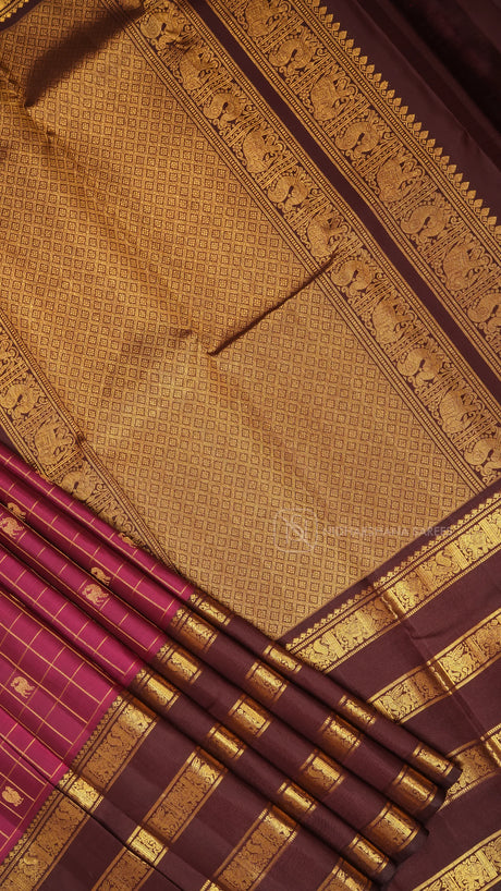 Pure Handloom Kanchipuram Silk Saree with Zari Checks and Traditional Border Concept