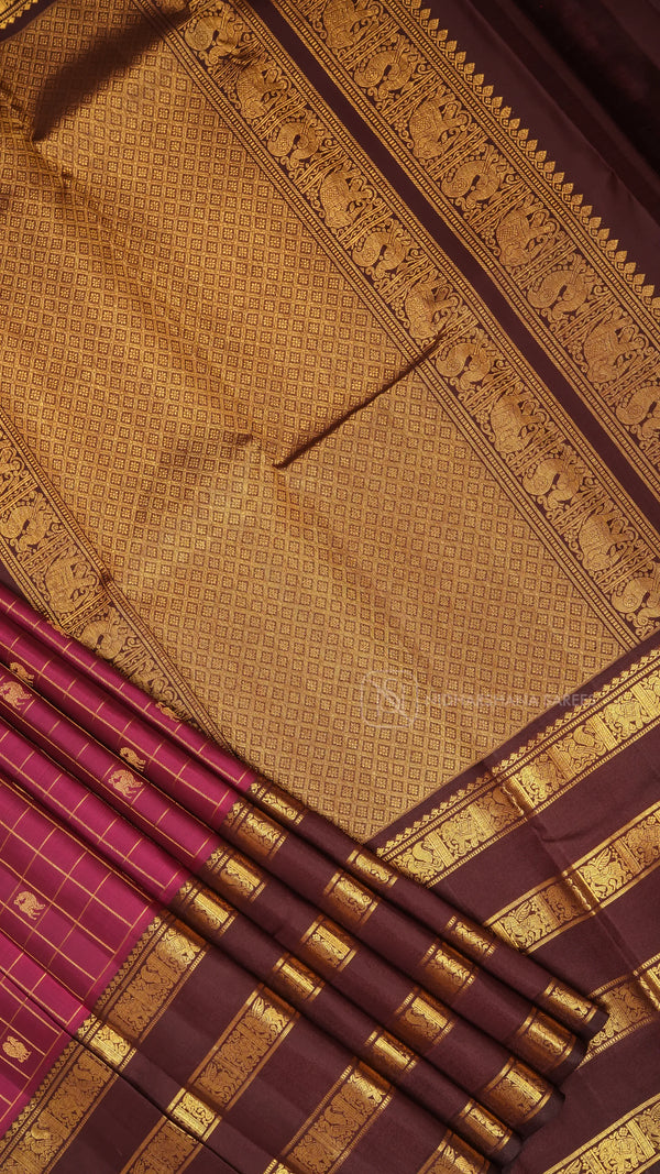 Pure Handloom Kanchipuram Silk Saree with Zari Checks and Traditional Border Concept
